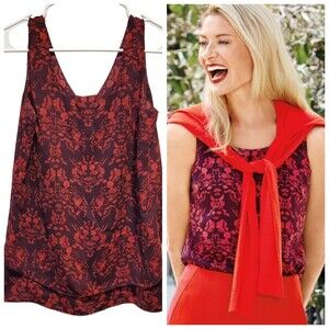 CAbi #3258 Womens Modern Cameo Print Tank Sz Small Purple Red Curtain Back